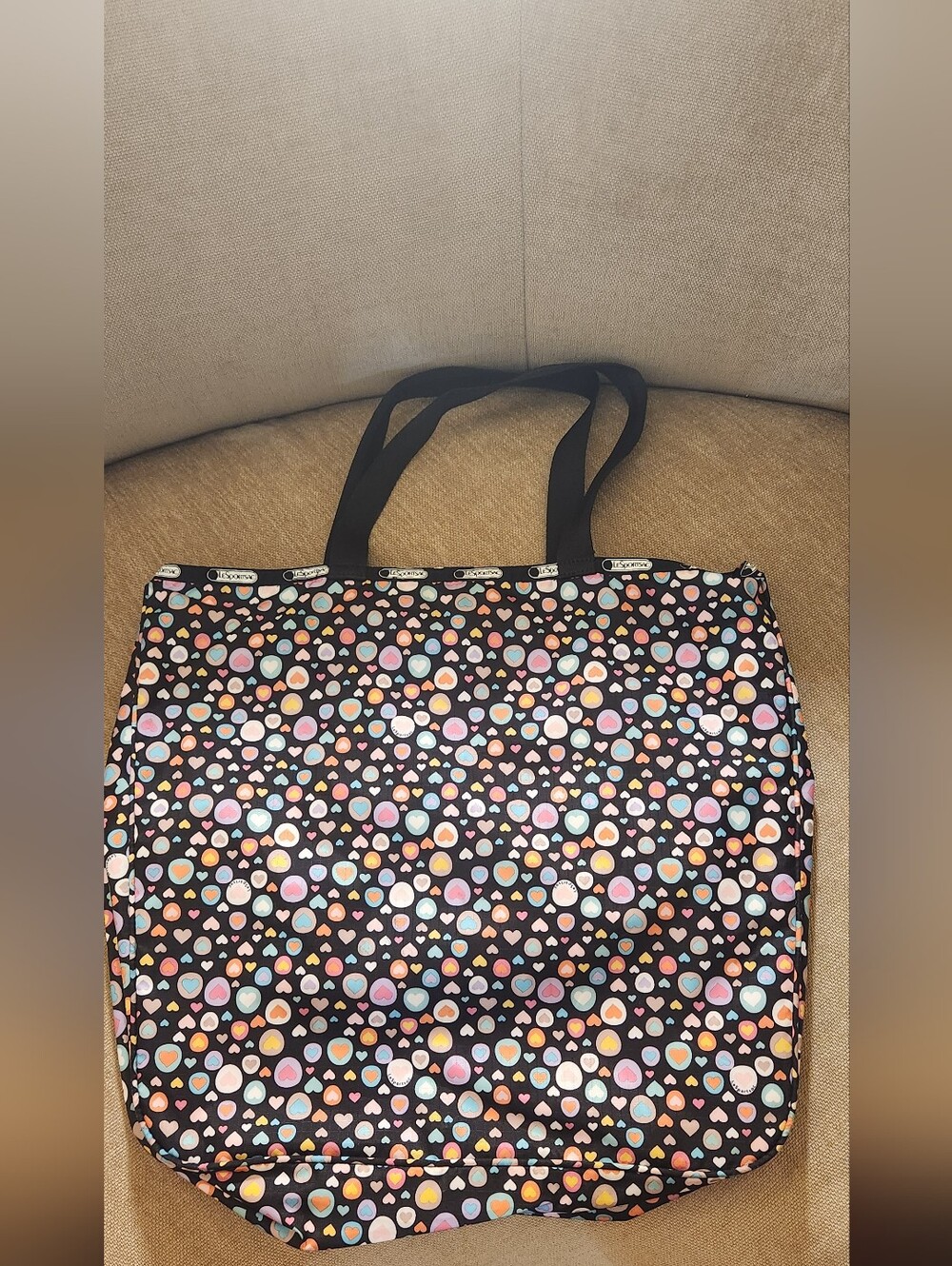 Lesportsac Black Multi-Heart Print Tote with Peach Interior